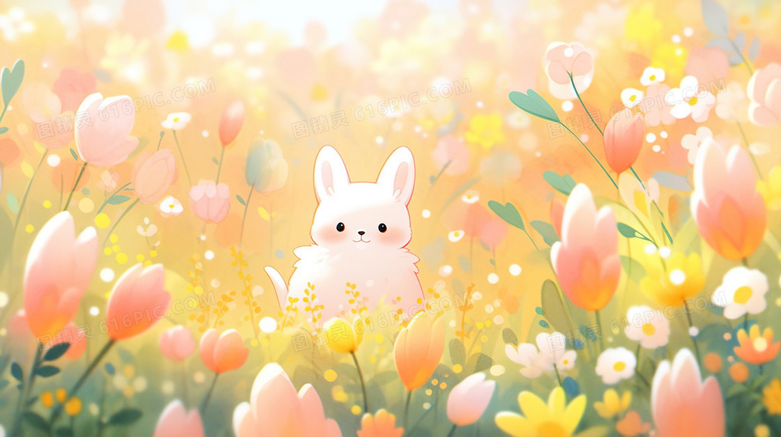 鲜花丛中的小兔子插画