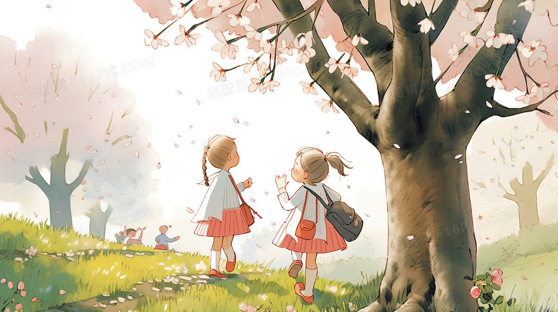 粉色樱花树下的两个女孩插画