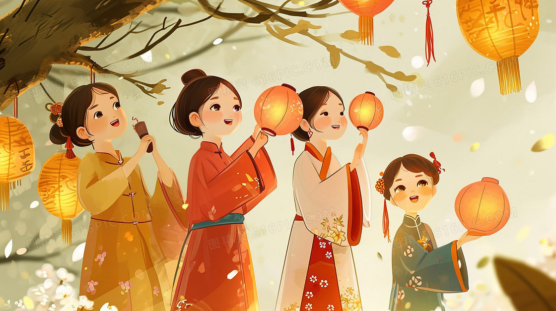 春节古镇里挂灯笼装饰的人们插画