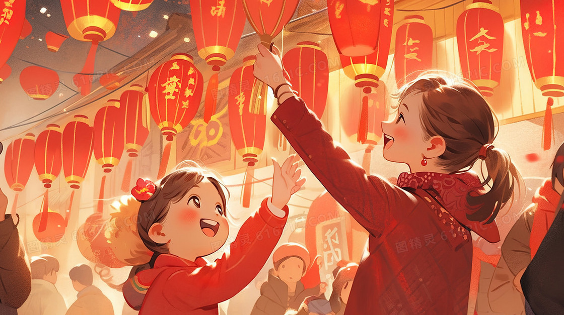 春节庆典里母亲带孩子赏灯笼插画