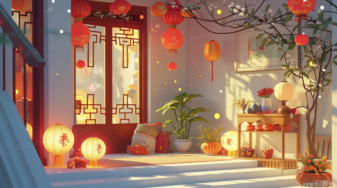 中国风家里挂起的红灯笼插画