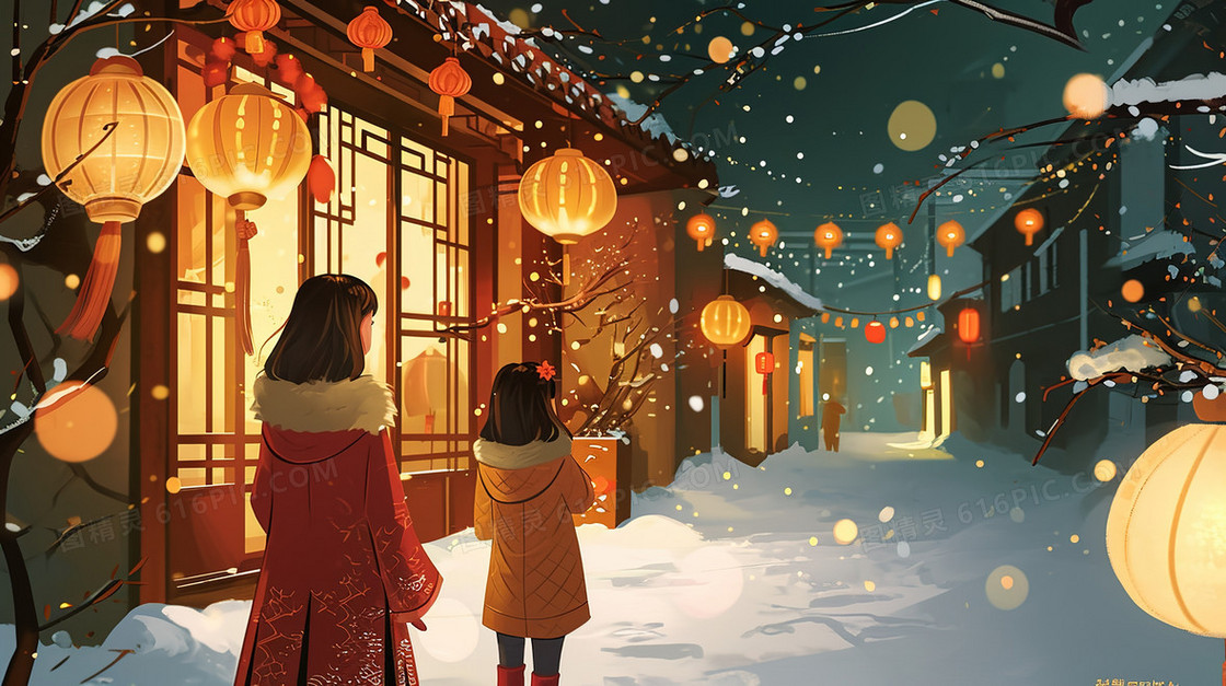 古镇除夕夜下雪夜景插画