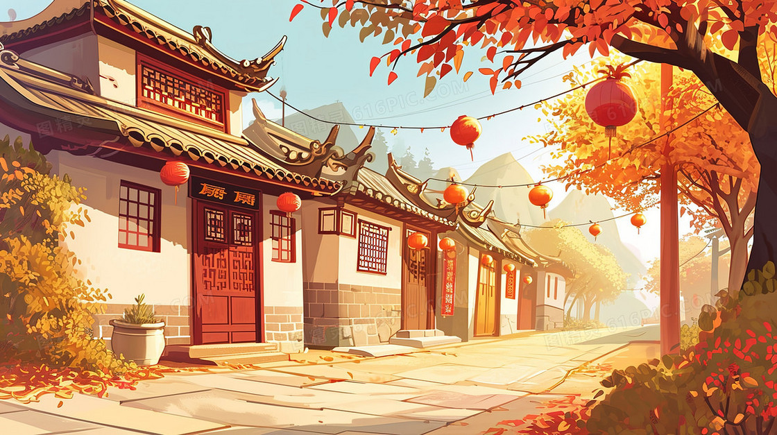春节乡村古镇黄昏街景插画