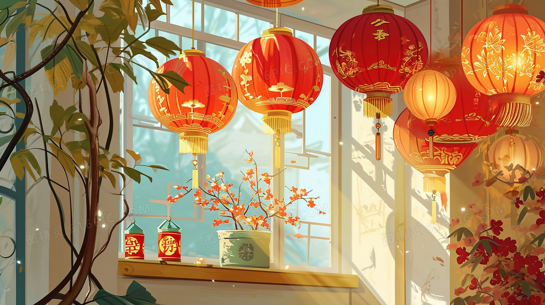 中国风家里挂起的红灯笼插画