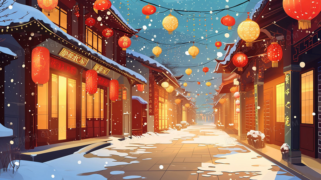 古镇除夕夜下雪街景插画