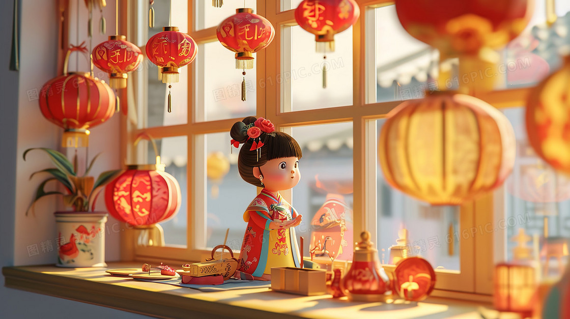 春节挂着红灯笼的窗户旁的女孩插画