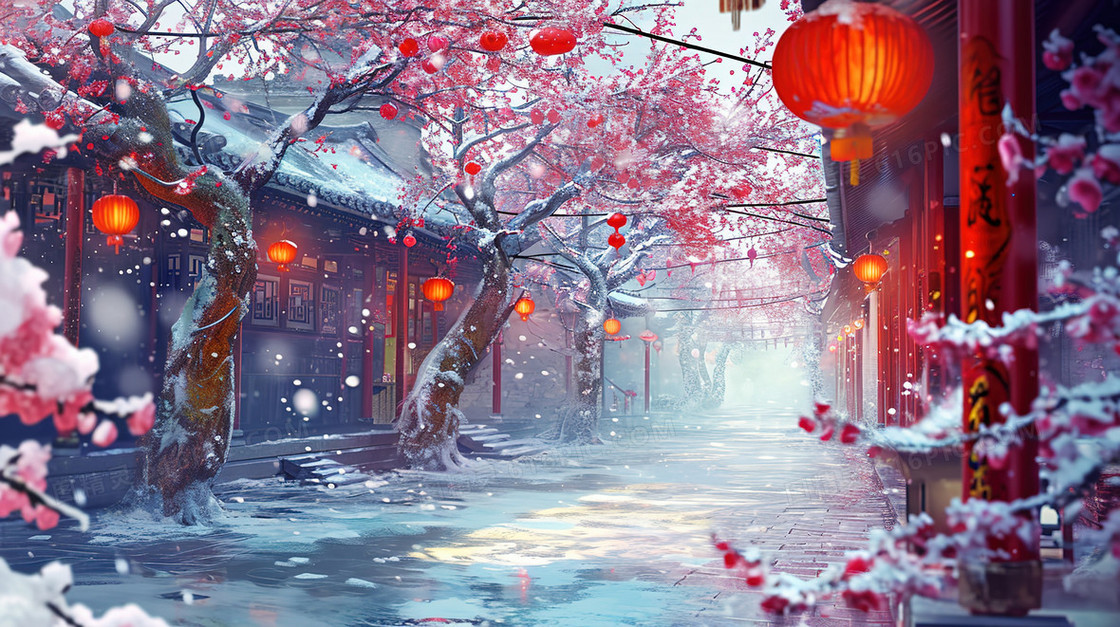 春节梅花盛开的积雪古镇插画