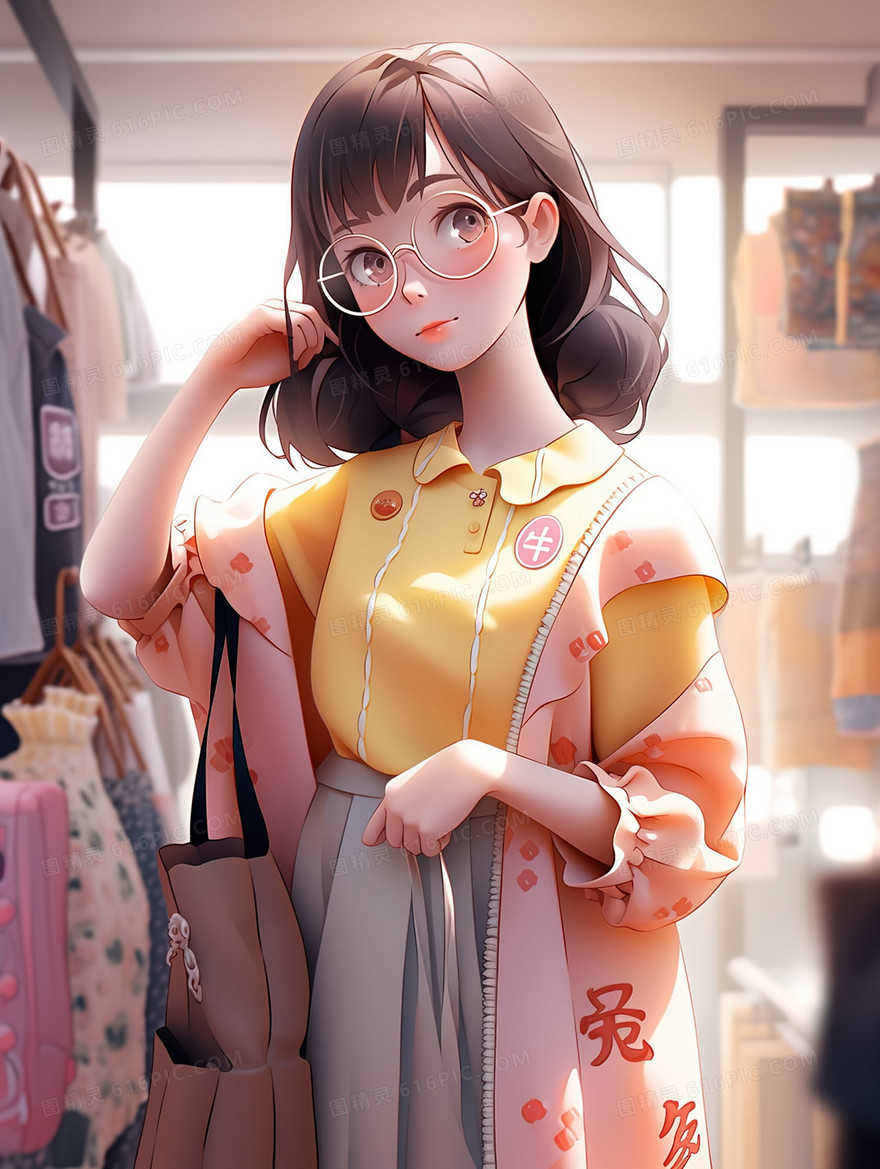 服装店里挑选衣服的少女插画