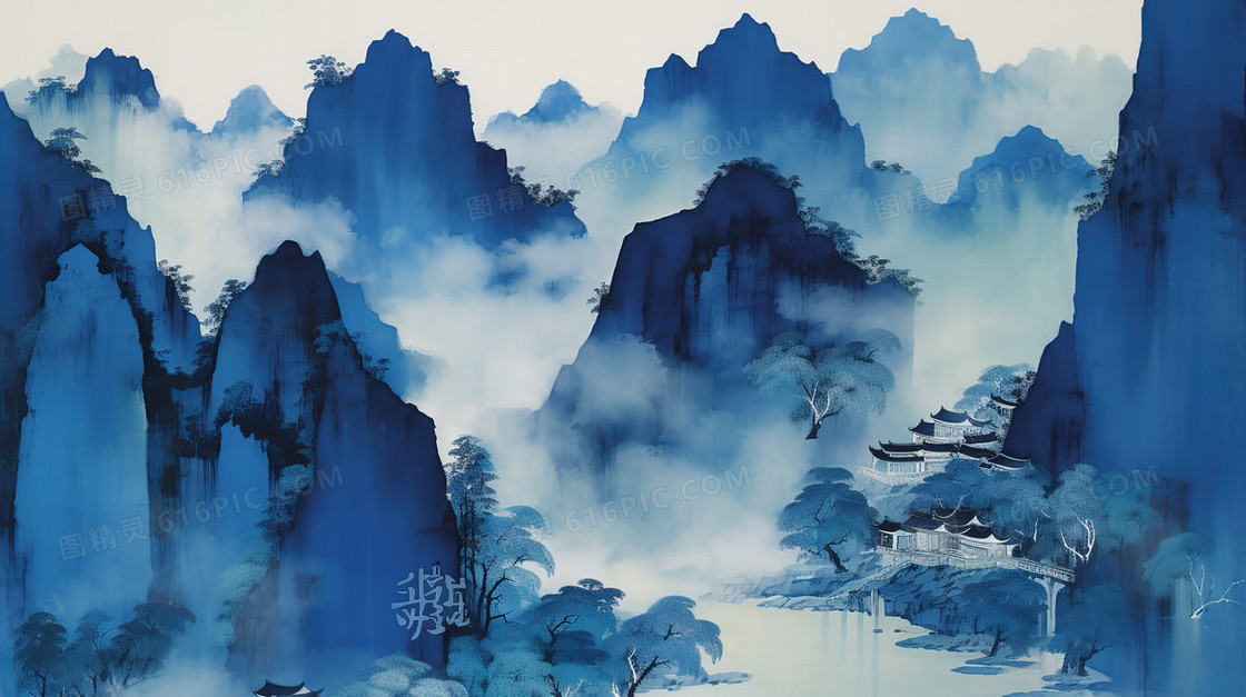 蓝色层层叠叠的山峰水墨画
