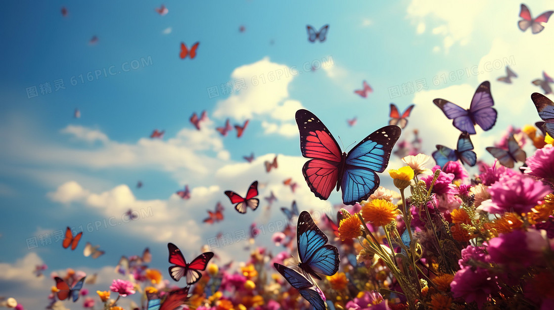彩色唯美花丛蝴蝶电脑壁纸图片