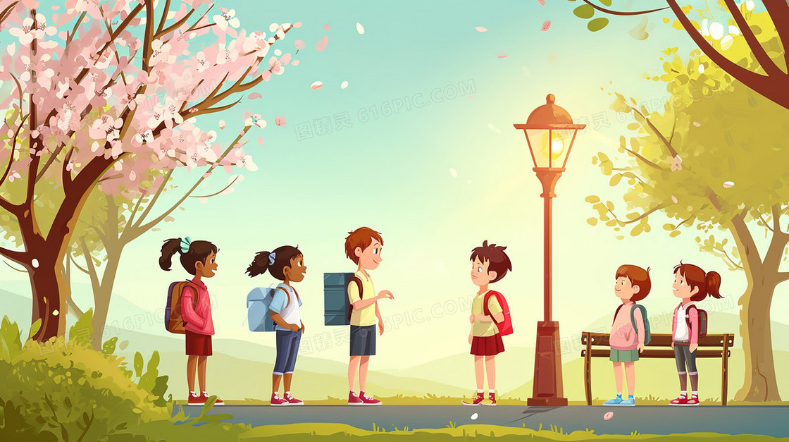 春天走在樱花盛开的路上放学回家的小学生插画