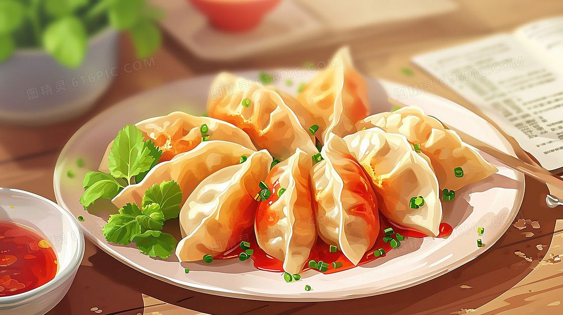 一碟美味的煎饺插画