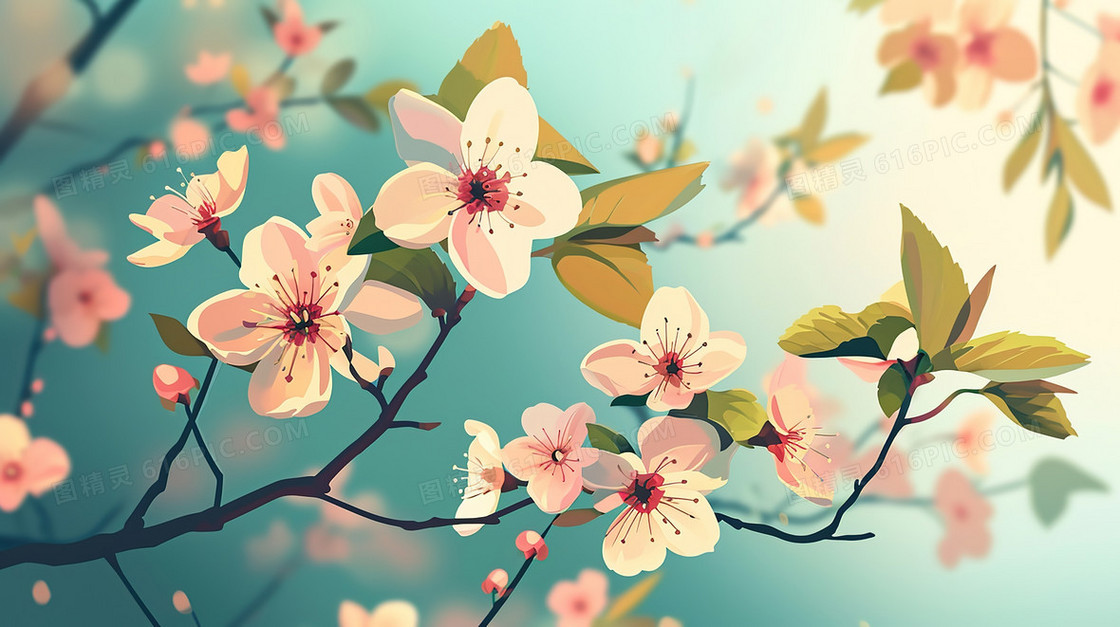 春季盛开的粉色樱花花枝插画