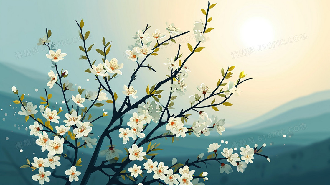 一枝盛开的白色鲜花花枝插画