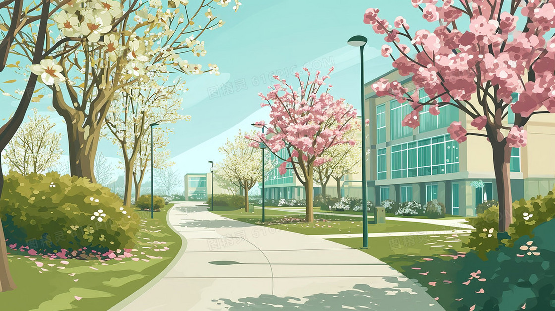 春季鲜花盛开的校园小道插画