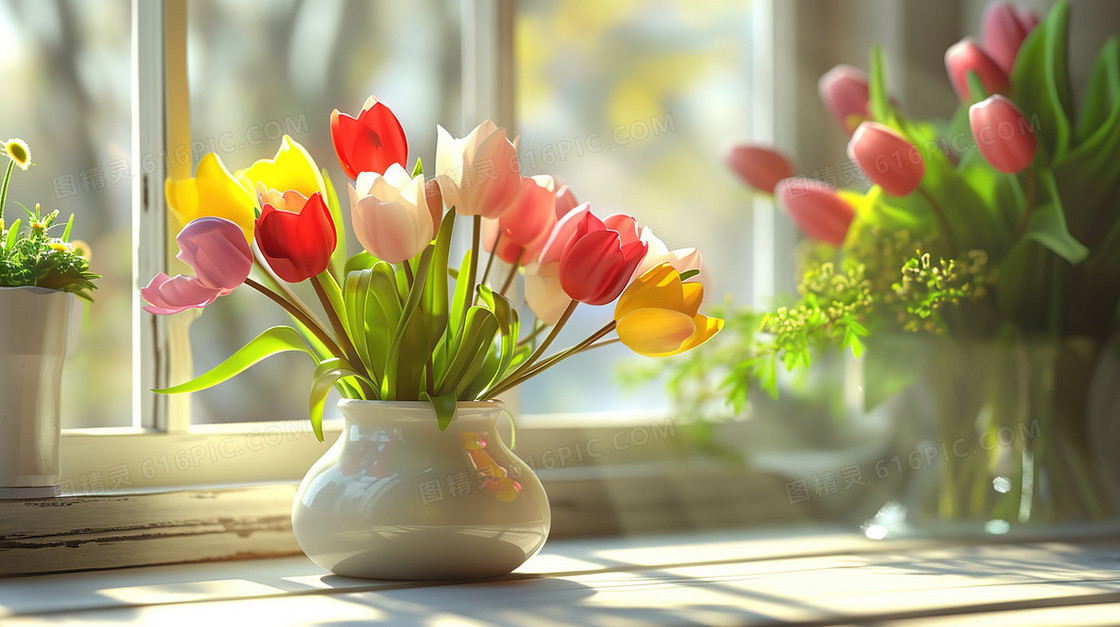 窗边的花瓶里的郁金香鲜花图片