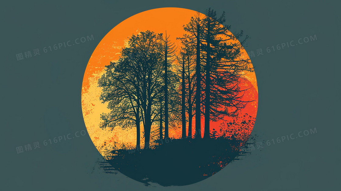 傍晚黄昏树林风景插画