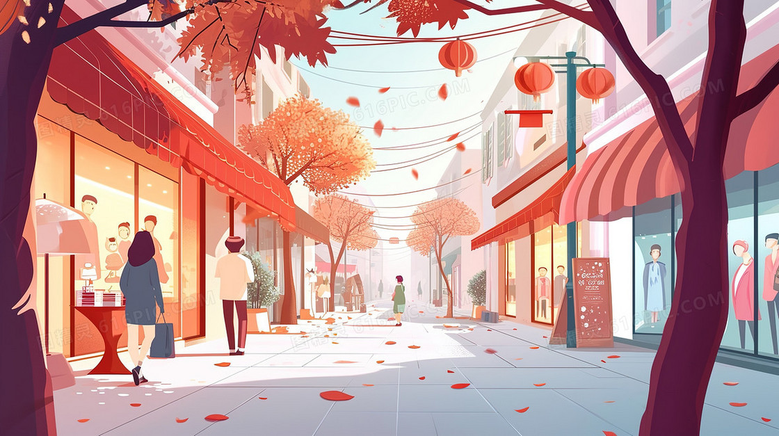 春节步行街逛街的人们插画
