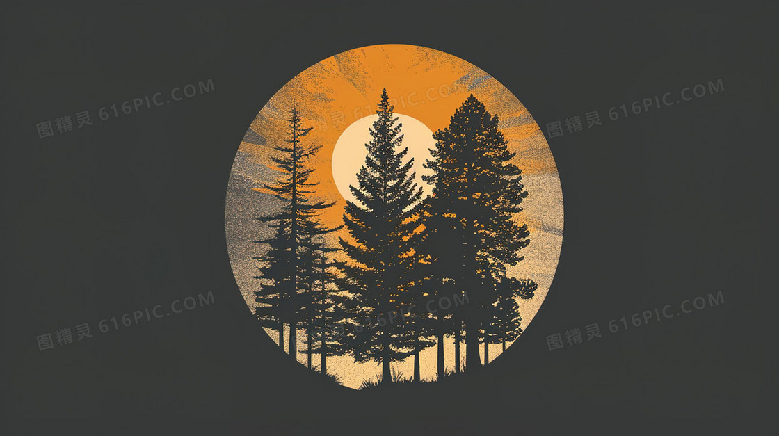 傍晚黄昏树林风景插画