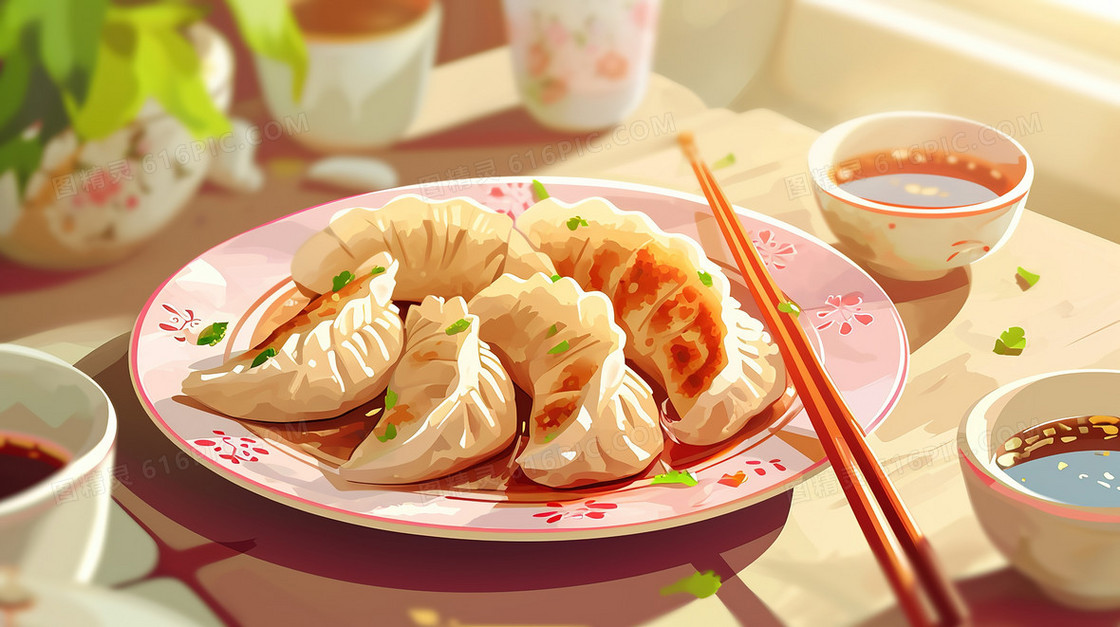 一碟美味的煎饺插画