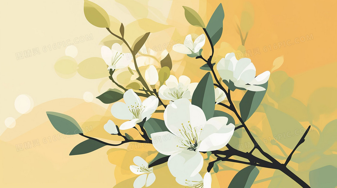 一枝盛开的白色鲜花花枝插画