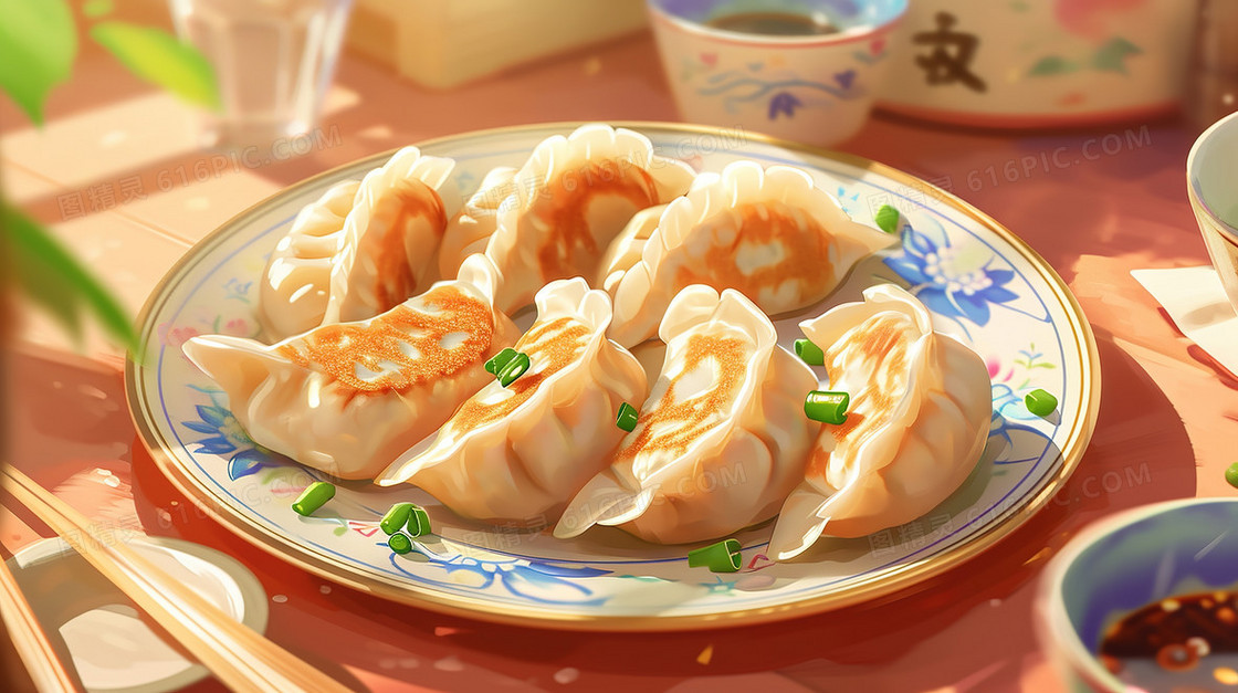 一碟美味的煎饺插画