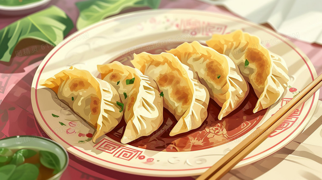 一碟美味的煎饺插画