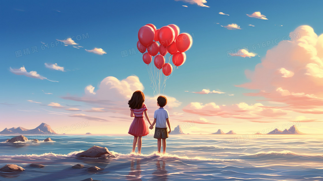海边情侣观看气球束情人节图片