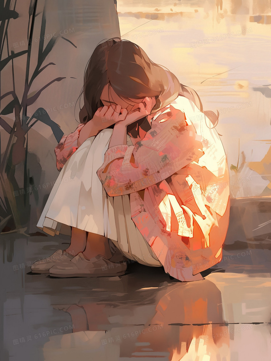 蜷缩着哭泣的女孩插画