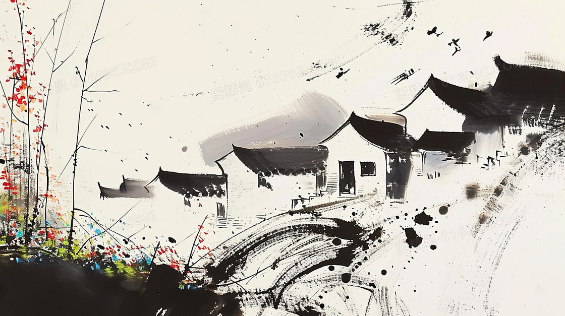 中国风水墨乡村建筑风景插画