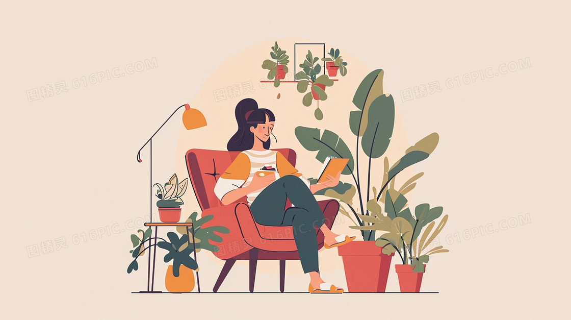坐在沙发上看书的女孩插画