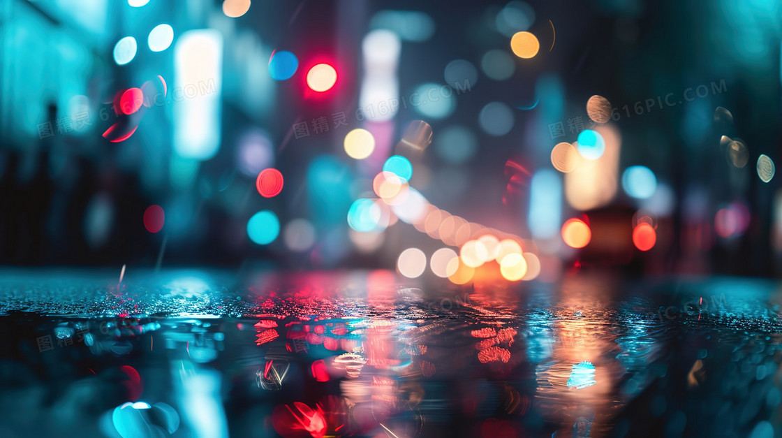 雨中城市道路模糊灯光背景