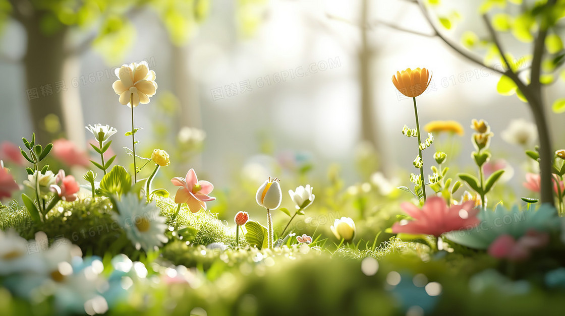 春天阳光下的童话森林花草地创意图片