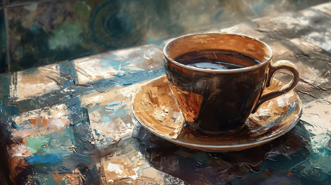 桌面上的一杯咖啡油画插画