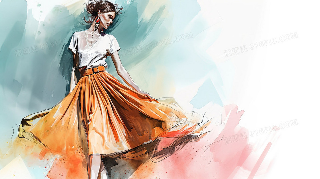 穿裙子的女人水彩插画