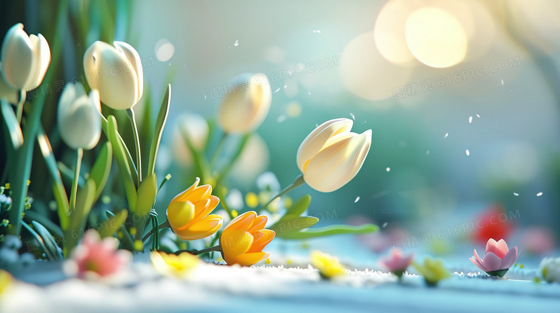 初春雪地上的郁金香鲜花图片