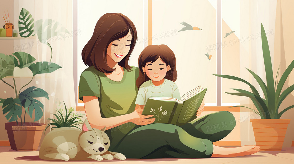 卡通母亲节妈妈和孩子母爱插画