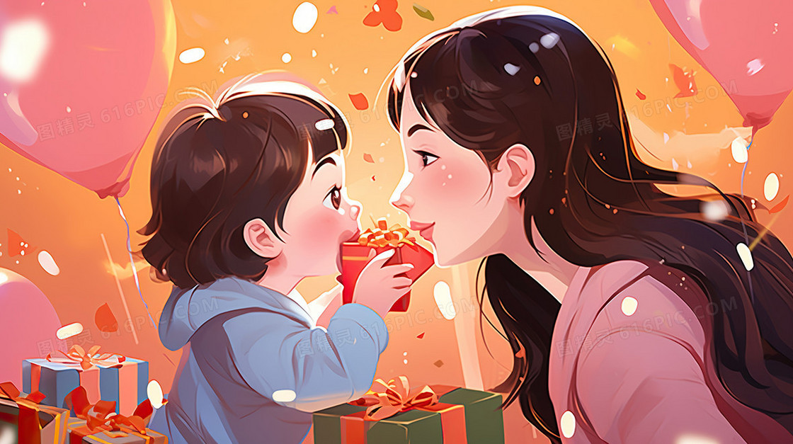 卡通母亲节妈妈和孩子母爱插画
