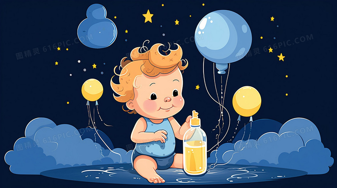 蓝色星空卡通小孩幼儿婴儿插画