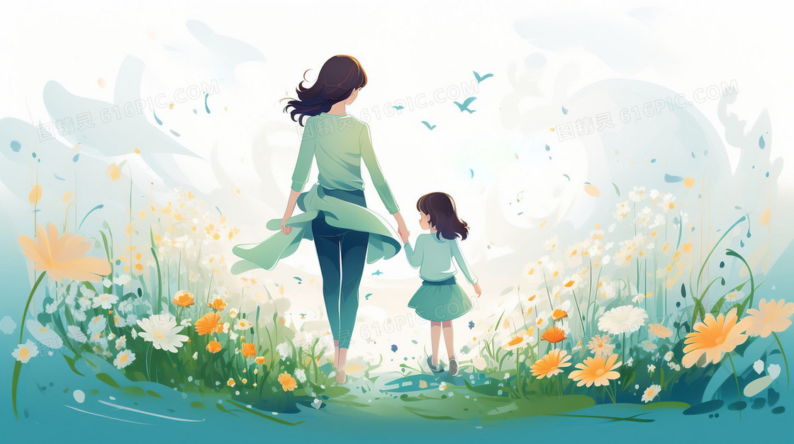 卡通母亲节妈妈和孩子母爱插画