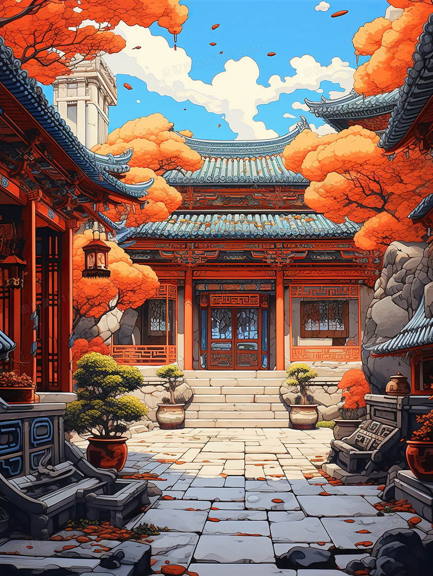 中国风庭院古风建筑插画