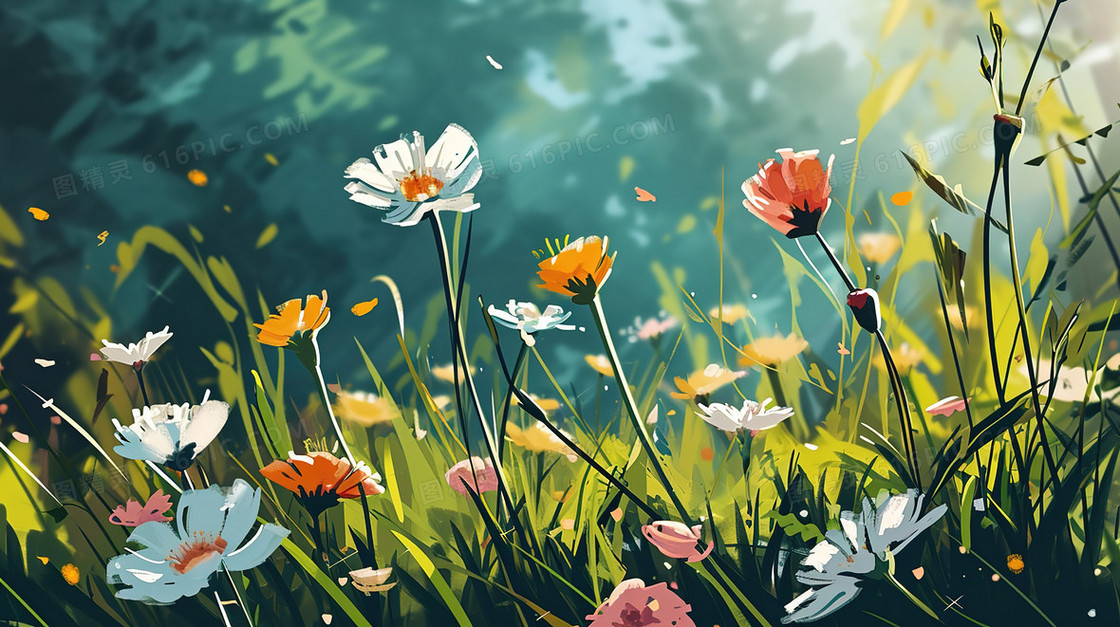 森林草地上盛开的彩色小野花插画