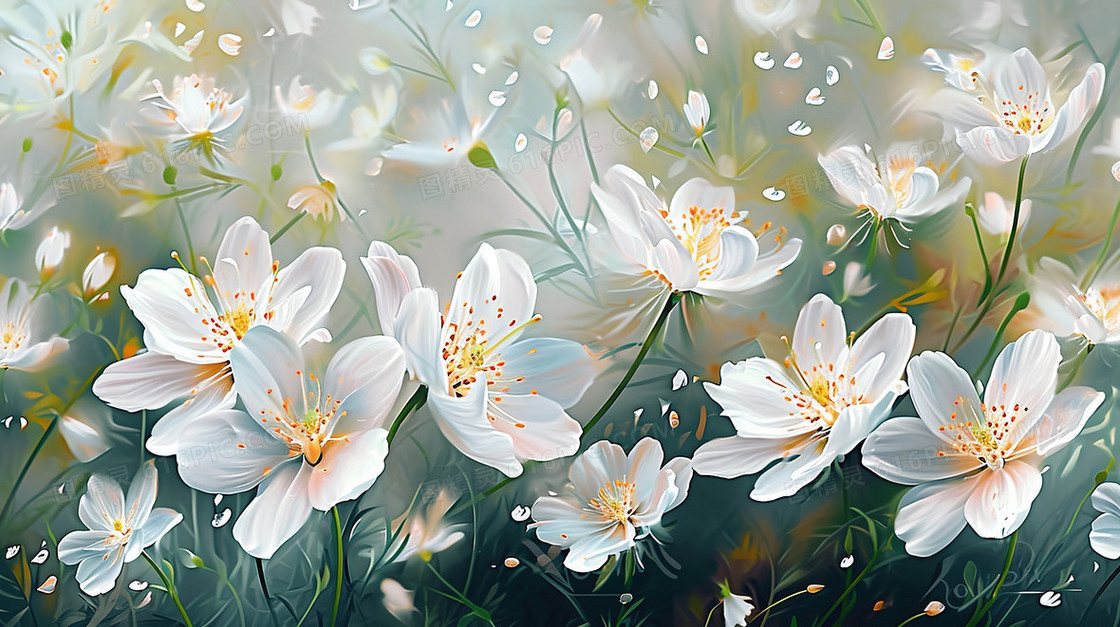 盛开的白色鲜花花丛插画