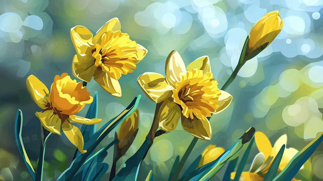 森林草地上盛开的黄色小野花插画