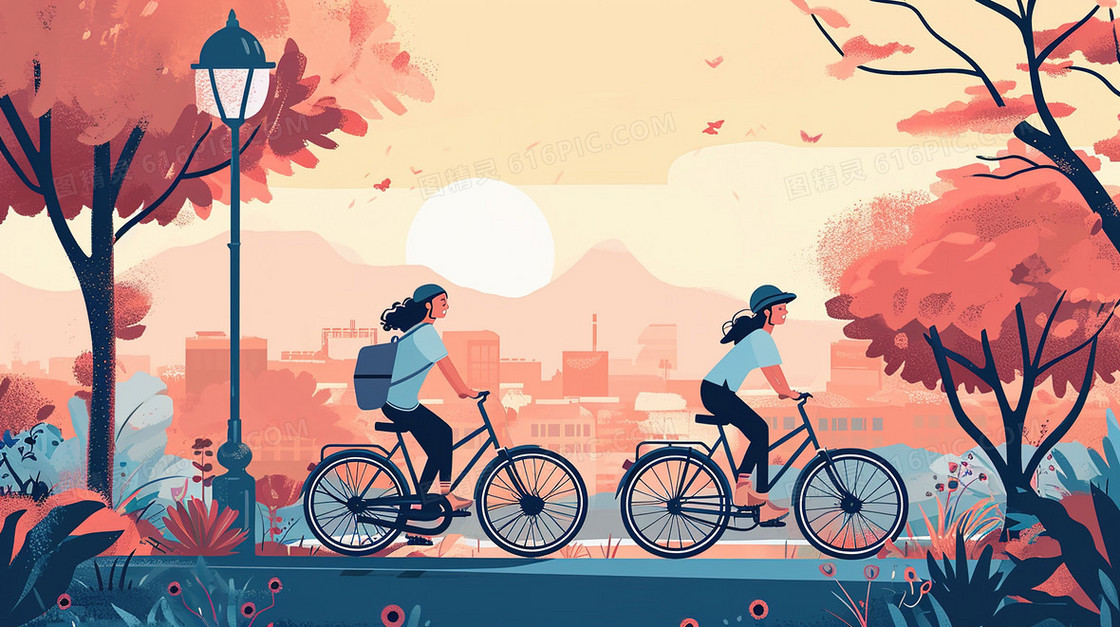 公园里骑自行车的两个人插画