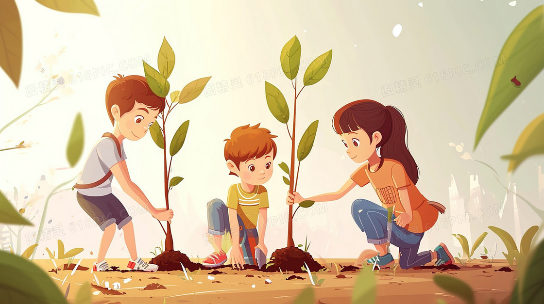 一起种树的孩子们插画