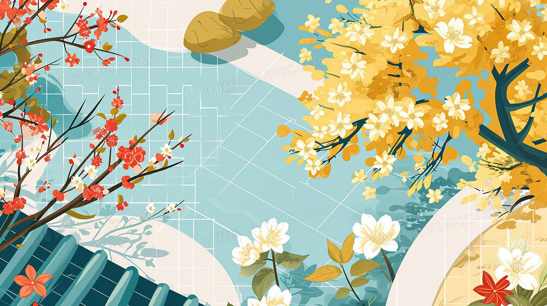 春天中国风庭院花朵风景插画