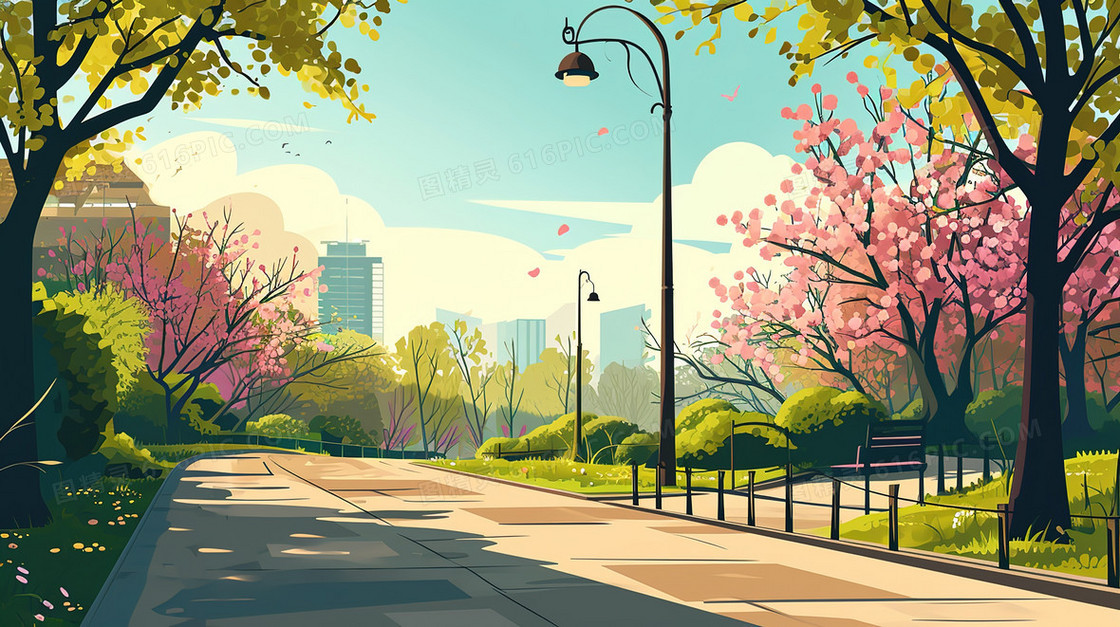 城市道路两旁盛开的粉色花树插画