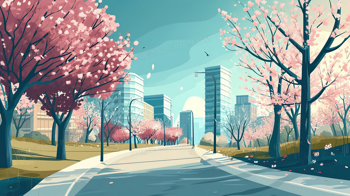 城市道路两旁盛开的粉色花树插画