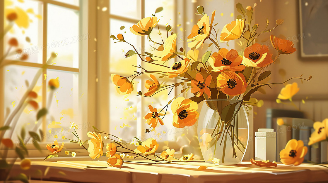 窗前花瓶里美丽的花束插画